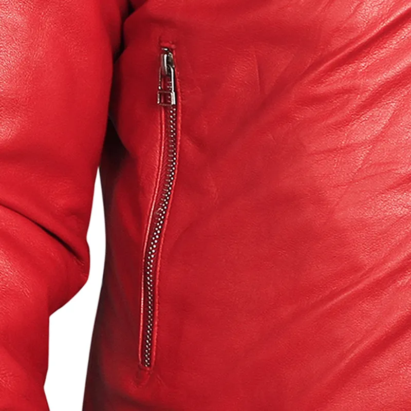 Men Red Leather Shearling Collar Jacket