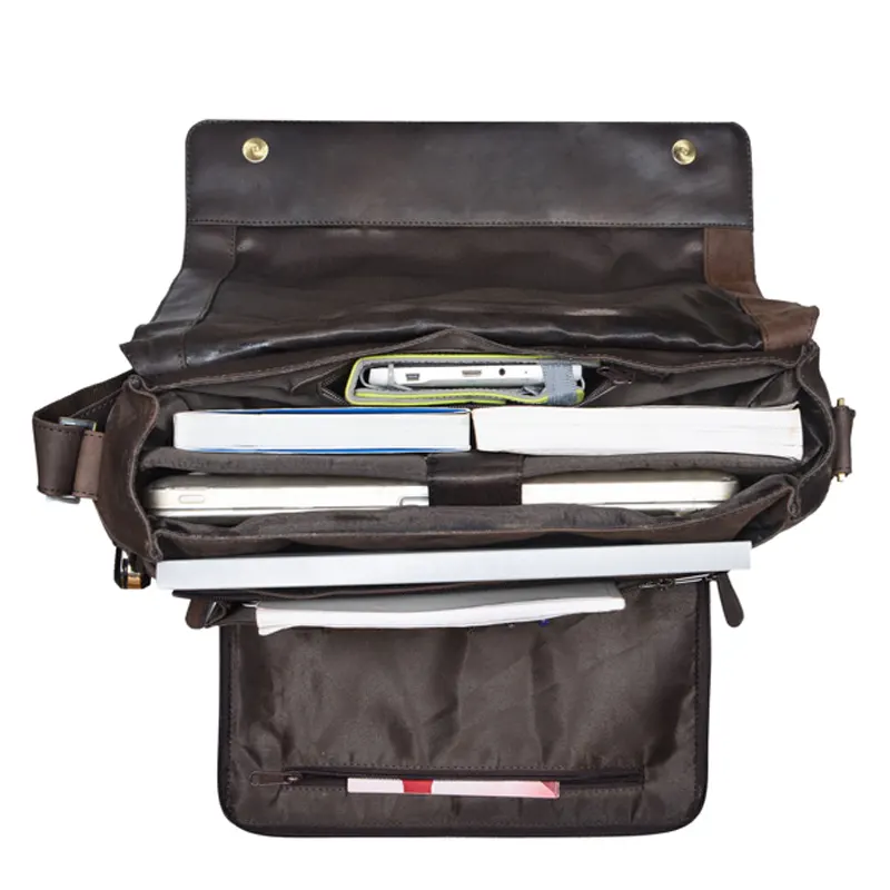 Men flat dark brown business leather bag