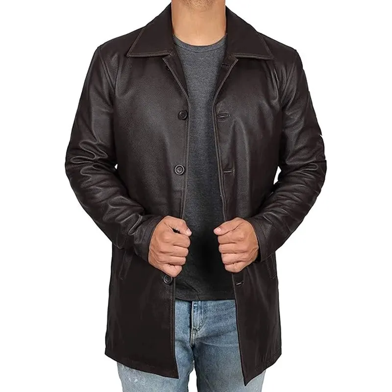 Distressed Brown Leather Overcoat