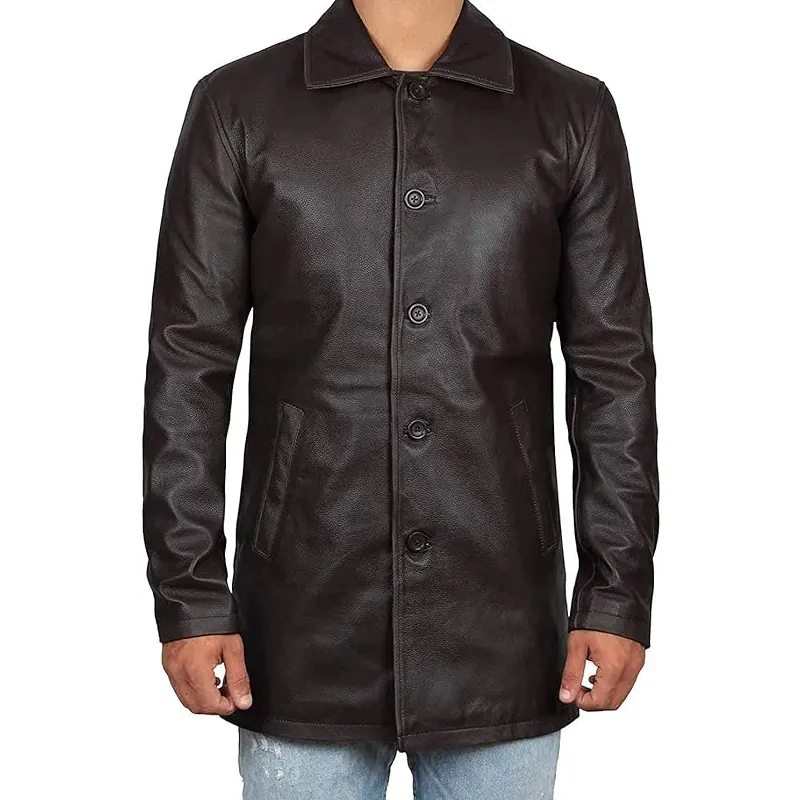 Men's Vintage Style Distressed Brown Leather Overcoat